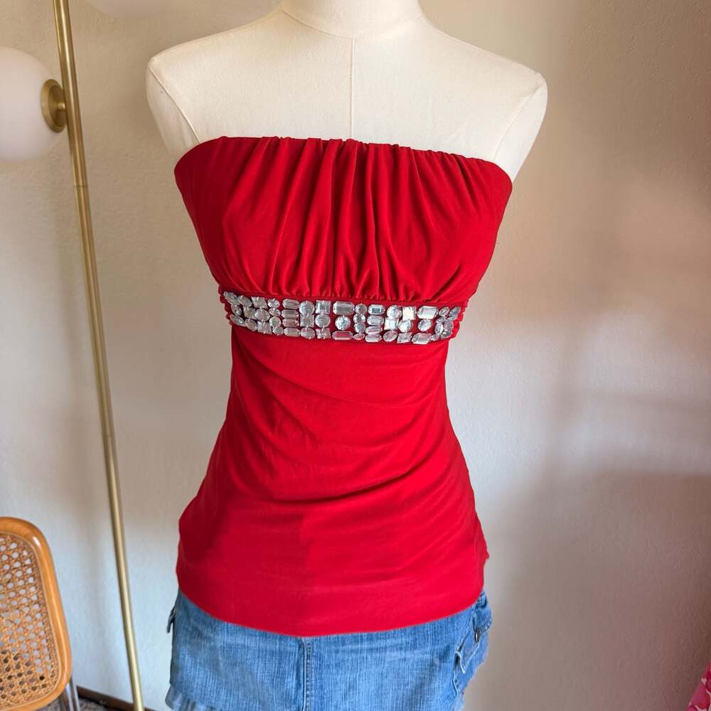 Charlotte Russe Y2K Red Beaded Embellished Tube Top with Back Tie